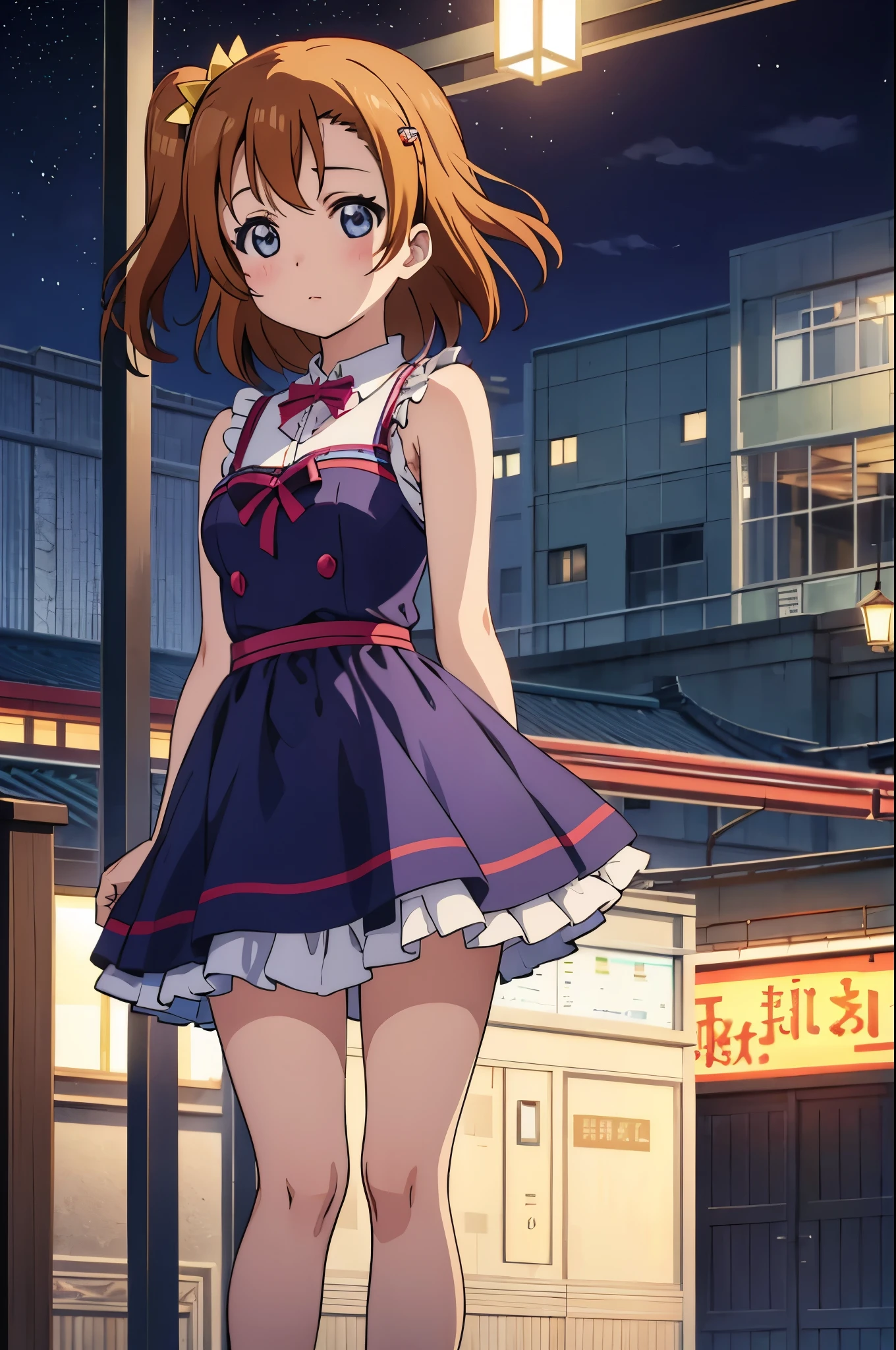 Kousaka honoka, night, train station, cute dress, arms behind back, short hair, hair ornament, upper body 