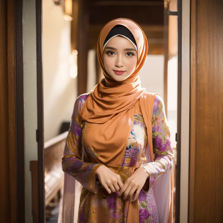 beautiful girl, wearing traditional baju kurung, ultra-detailed, detailed faces, detailed skins, 8k masterpieces, cinematic lighting, ((1girl)), ((solo)), firm push-up breasts, modest breasts, slim and slender body, long hijab, eid mubarak, in malay village house, half body, at the door