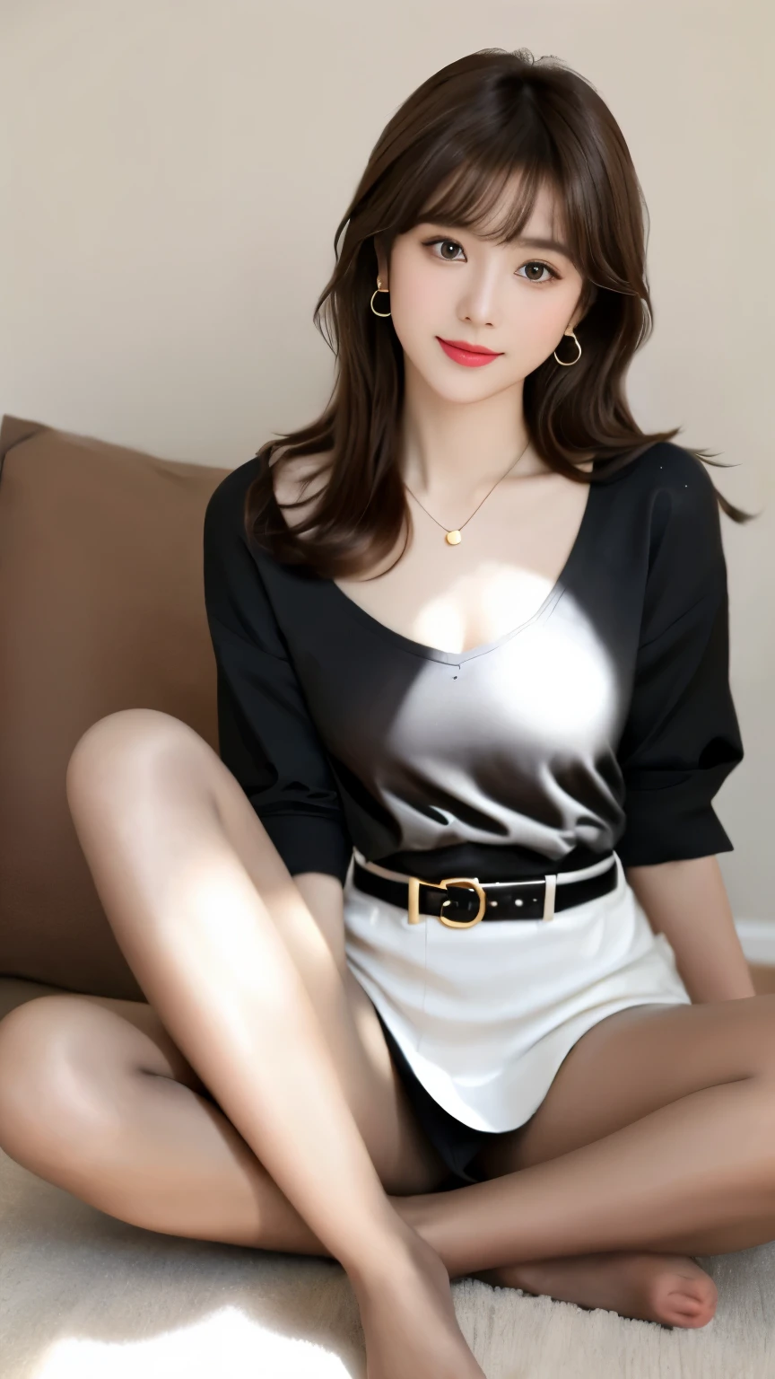 ((full body)), ((realistic)), 1 girl, posed for a photo, in the room, sitting pose, comfortable posture, (Beautiful light gray pantyhose with a translucence and shine that makes them look like bare feet.)、beautiful feet、foot fetish,Pantyhose fetishists love it、 looking at the viewer, detailed scene, beautiful hair accessories, brown hair、bangs、 light makeup,, realistic lip gloss, ((black clothes, white short high waist skirt, nice belt)), (campus style), warm light, warm color palette, Detailed details, Super detailed, (master piece, best quality), (This is a very delicate and beautiful work.), delicate earrings, delicate necklace, simple blurred background, extreme details, Ultra-fine painting, delicate face, slim and toned body, slim your waist, Beautiful toes、Smile, (correct anatomy)