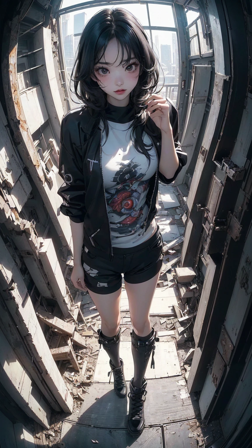 ((Highly detailed CG unit 8k wallpaper, masterpiece, High resolution, highest quality)), (beautiful woman with medium hair, Nana Komatsu, (full body shot, Angle from above:1.3, Fisheye Shot:1.3), put one's hand in one's pocket:1.5, Cyberpunk fashion, Wearing micro mini shorts:1.2, wearing boots:1.2), ((highly detailed face, highly detailed black eyes, detailed body, highest qualityのリアルテクスチャスキン)), (black hair, white skin), (Inside a futuristic abandoned building), hyper realistic, digital paint,