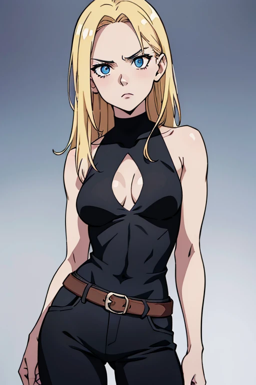 black clothes, black blouse, black pants, cleavage, sleeveless, (((view from front))), anime, 2D, HD, 8K, 90s style, 1girl, blond hair, nude, ((white skin)), , standing, (((cowboy shot))), medium breasts, forehead, serious, blue eyes, simple background, kasuki takahashi style, white background