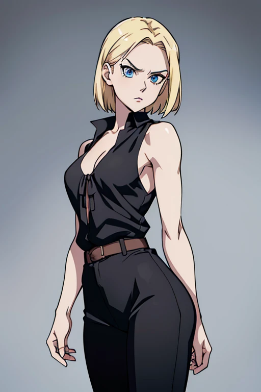 black clothes, black blouse, black pants, cleavage, sleeveless, (((view from front))), anime, 2D, HD, 8K, 90s style, 1girl, blond hair, , ((white skin)), , standing, (((cowboy shot))), medium breasts, forehead, serious, blue eyes, simple background, kasuki takahashi style, white background