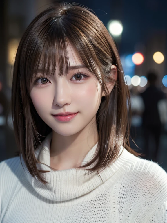 1 Japanese girl,(white sweater:1.4),(wears a large muffler around his neck:1.2), (Raw photo, highest quality), (realistic, Photoreal:1.4), masterpiece, very delicate and beautiful, very detailed, 8k wallpaper, wonderful, finely, very detailedCGの統一性, High resolution, soft light, Beautifully detailed 17 year old girl, very detailed目と顔, beautifully detailed nose, detailed and beautiful eyes,cinematic lighting,night city lights,perfect anatomy,slender body,Medium chest,smile, (hair is dirty, asymmetrical bangs, light brown hair,),