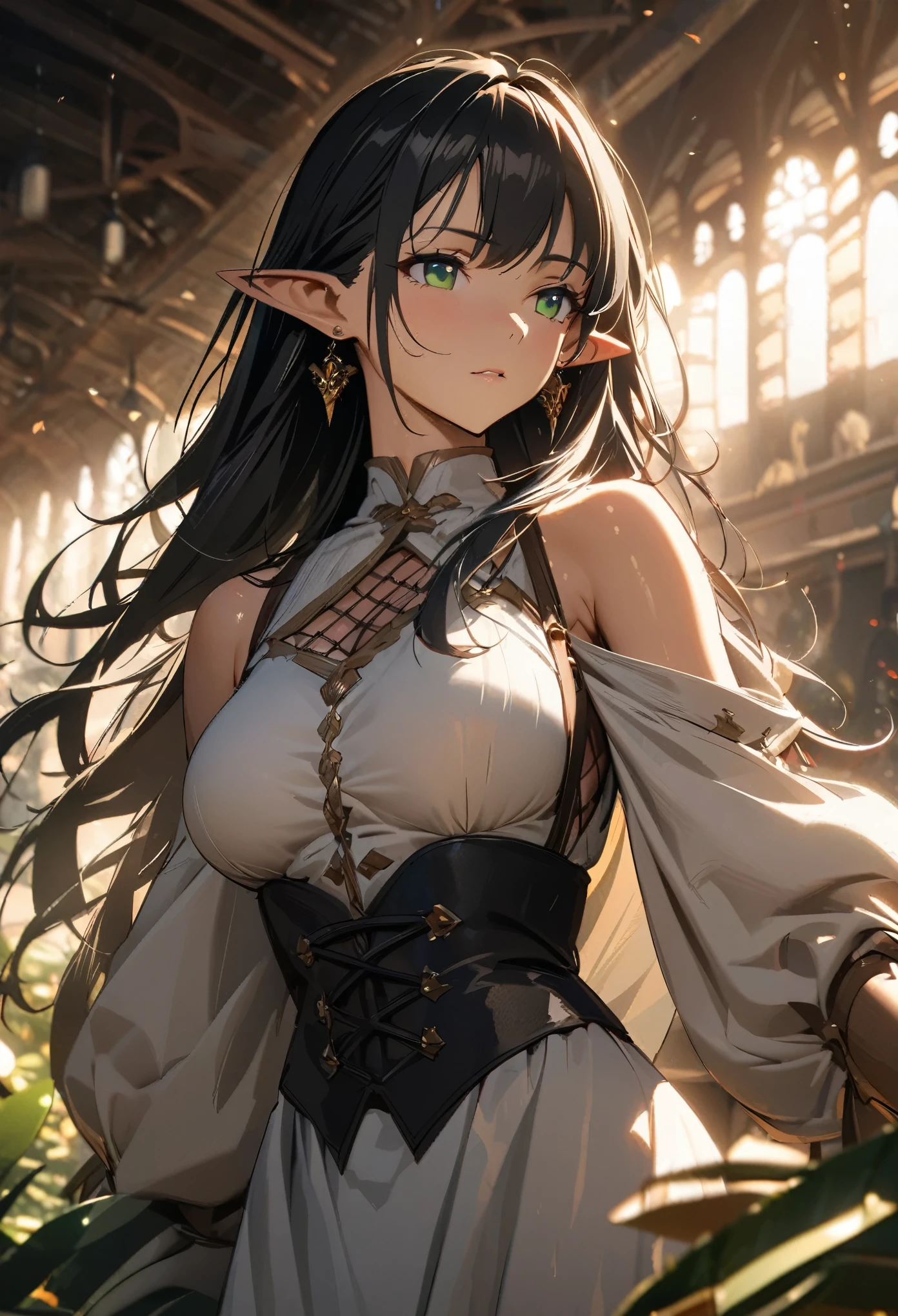 black hair, messy hair, long hair, green eyes, mature, womanly, beautiful, sculpted body, big breasts, pointy ears, long pointy ears, earrings, wide shot, lens flare, anime style, chiaroscuro, depth of field, god rays, UHD, high details, best quality, highres, 4K, award winning, high quality, textured skin, super detail, masterpiece, simple medieval clothes,