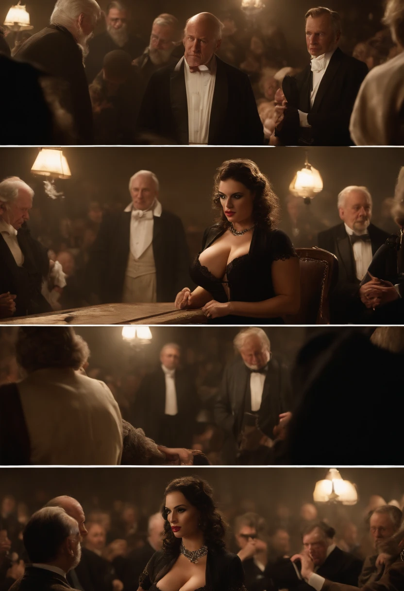 a scene of an innocent sexy housewife being sold at auction as a (((sex slave))), ((bdsm collar)), immense cleavage, (((huge breasts))), (extremely slim waist), stockings, (heavy trashy eye makeup), she is frightened but aroused, (perfectly detailed facial features), (((surrounded by old men that are trying to buy her))), extremely erotic, ((extremely detailed)), high degree of texture and attention to lighting and shadows, a masterpiece