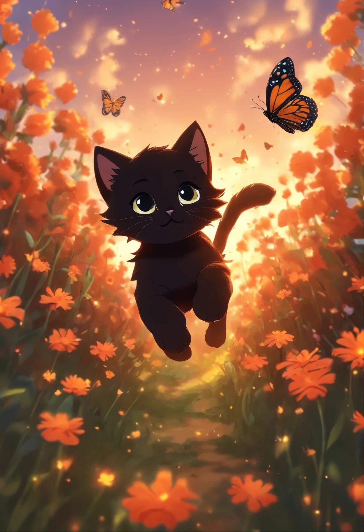 a cute vector of a black kitten chasing a monarch butterfly through a flowery field, anime style, M Jenni style, digital illustration, approaching perfection, highly detailed, smooth, sharp focus, illustration, 4k resolution