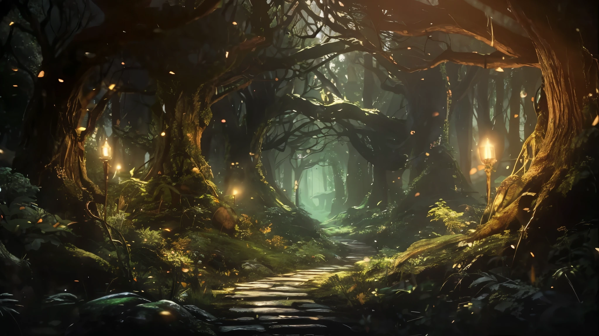 Taken from a video game、A photo with a forest and a path leading to it, enchanted and magical forest, enchanted magical fantasy forest, magical fantasy forest, fantasy forest, fantasy forest environment, dark fantasy forest, magical forest backround, magical environment, a fantasy forest, Spooky fantasy atmosphere, magical forest, enchanted forest, Fairyforest, fantasy forest landscape, magical forest