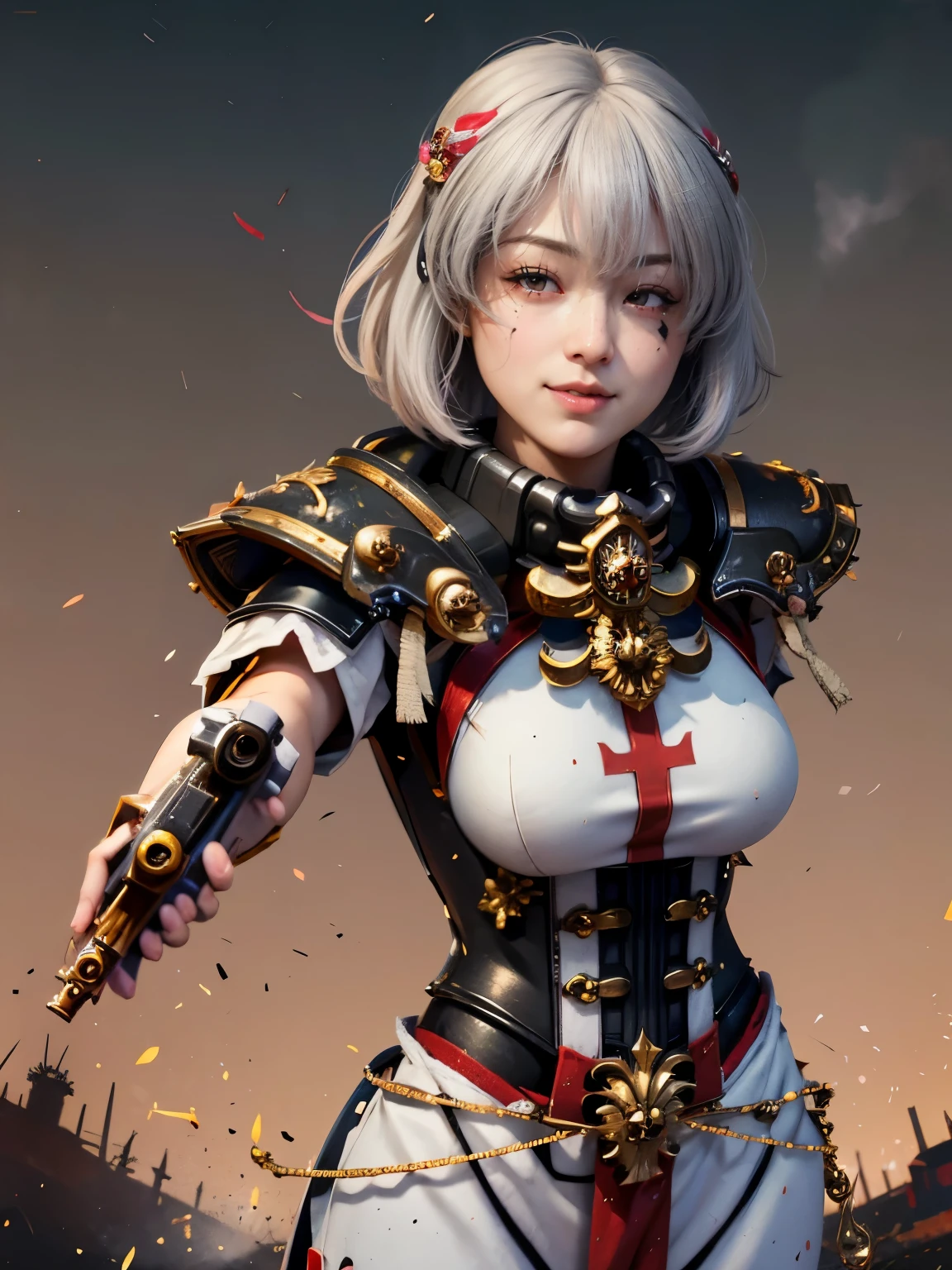(Best Quality), (8K Resolution: 1.2), (Photorealistic, Ultra Detail, Clear Focus 1:0), A mature sister of battle firing her her storm bolter at the viewer, beautiful pretty a sadistic smug smile, short white messy hair with bangs. (1girl:1.3), ((hair over eyes:1.5)), aiming at viewer, holding pistol, handgun, warhammer fantasy art style.