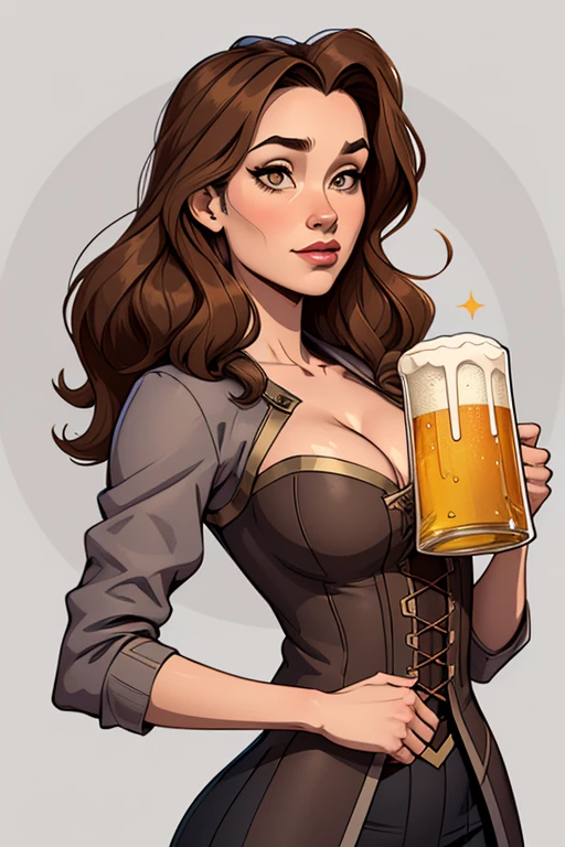 character Hermione Granger Sensual dynamic pose Gender Female Height 5'11"
Peso
135 libras (61 kg)
Brown eyesWell-designed symmetrical breasts Cartoon style. DL style illustration drawing style clothes of German settler with beer in hands