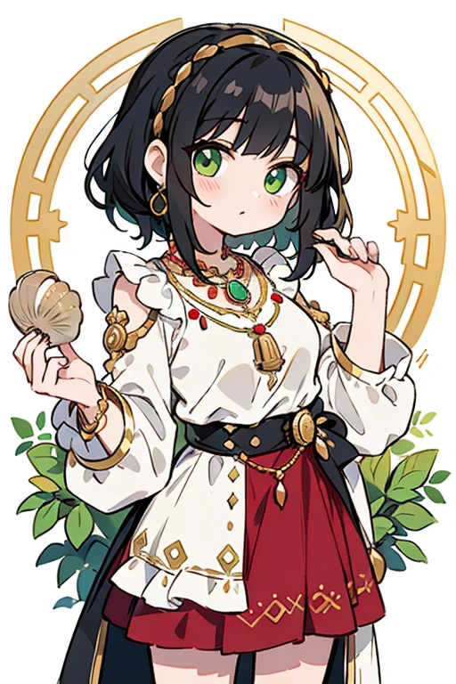 Gypsy with green eyes and black hair, White blouse with gold medallion and red skirt with ruffles, seashell necklace.