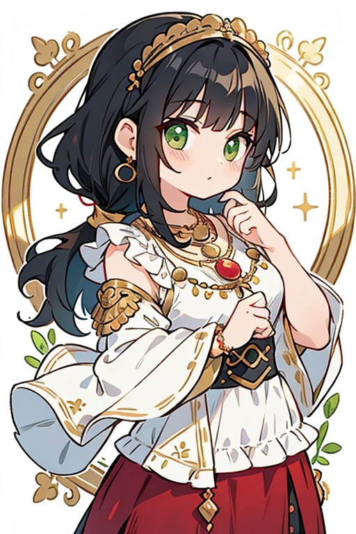 Gypsy with green eyes and black hair, White blouse with gold medallion and red skirt with ruffles, seashell necklace.