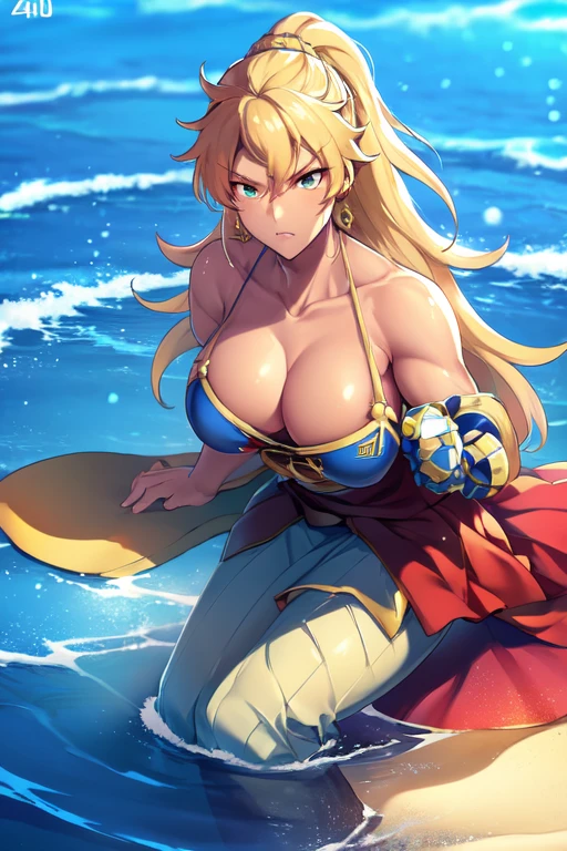 "(best quality,4k,8k,highres,masterpiece:1.2),ultra-detailed,realistic,photorealistic:1.37,physically-based rendering,HDR,UHD,studio lighting,extreme detail description,professional,vivid colors,muscular woman in Bikini,strong and fit body,well-defined abs,battle scars,confident posture,beach background,sunlight,rippling muscles,fierce expression,tattoos,shimmering water,rippling waves"