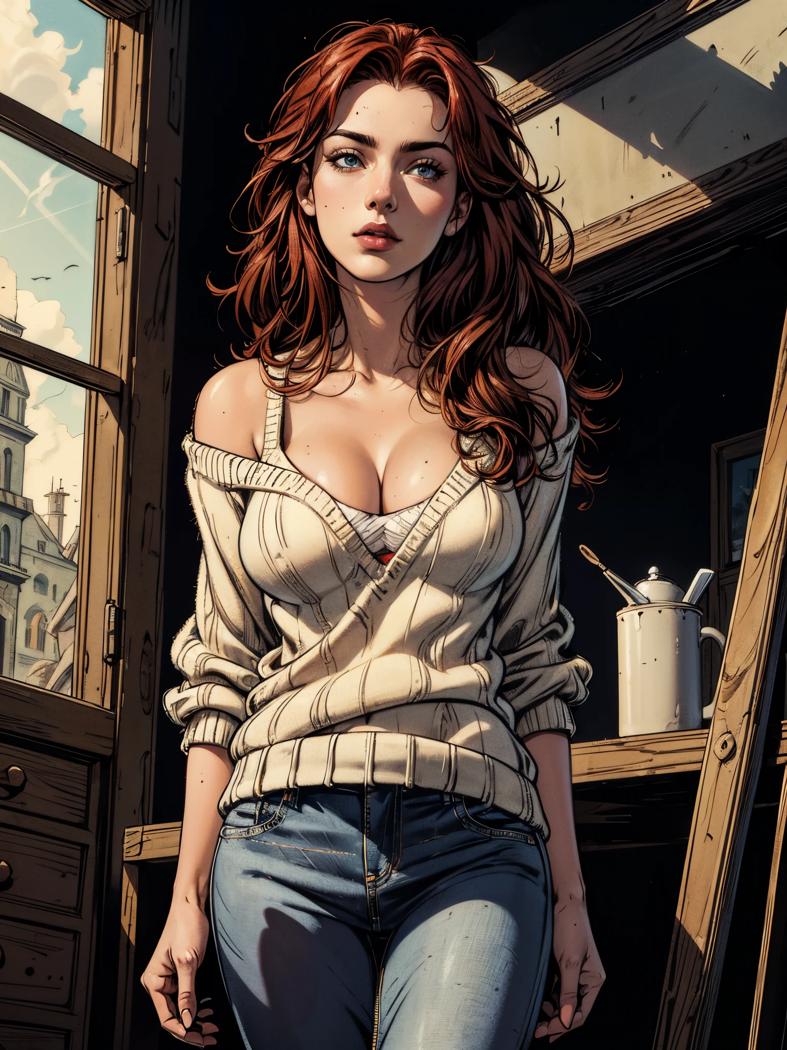 (((HD photo))), ultra high res.photorealistic:. 1.4, UHD, masterpiece, trending on artstation, portrait, head and shoulders shot, 1girl, pretty, cute face, most beautiful in the world, cleavage, soft, delicate, (long red hair), perfect figure, wearing breton jumper, jeans, sfw