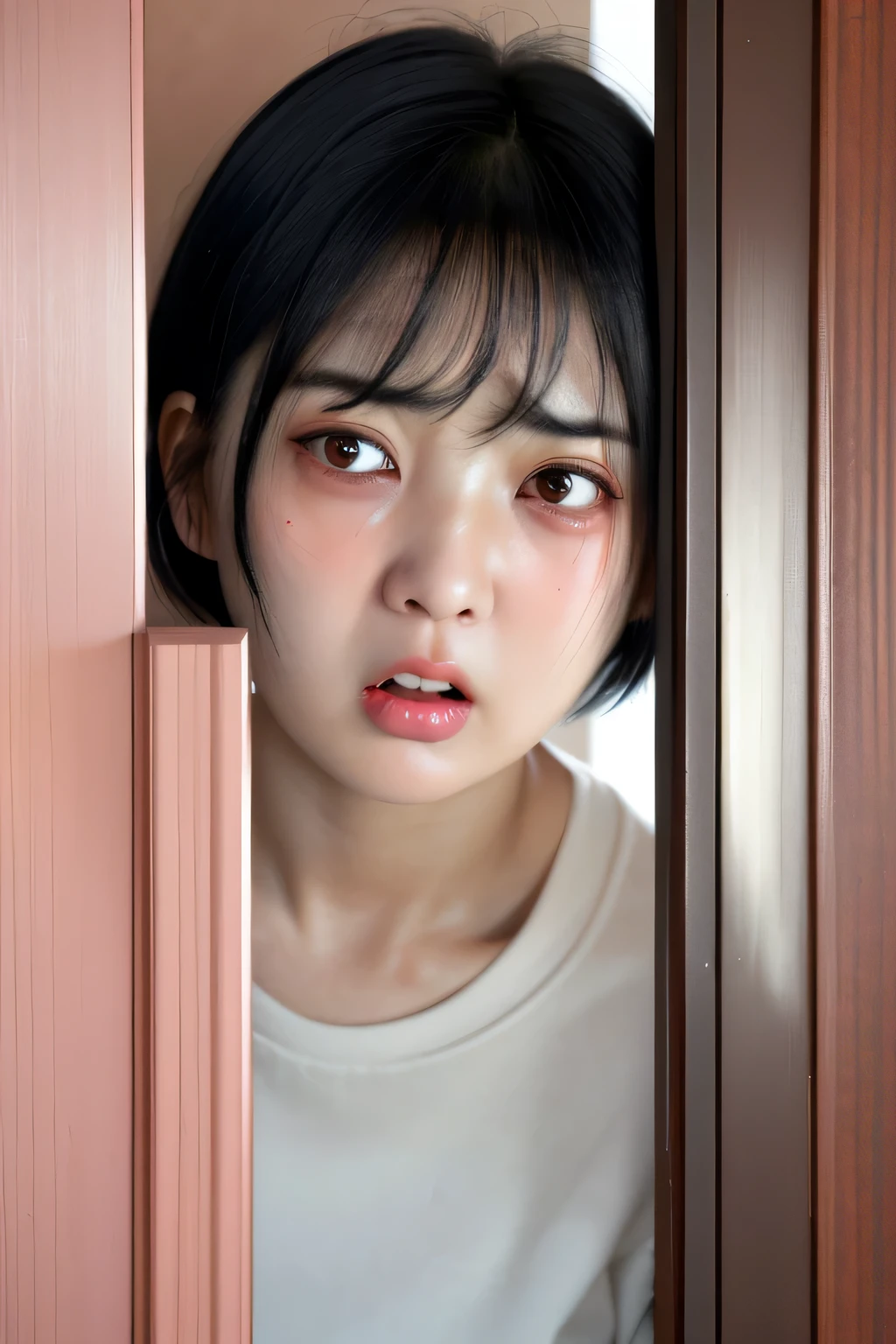 masterpiece, highest quality, High resolution, 1 girl, alone,short hair, black hair bang, black eyes,(((open your mouth))),frown (expression of fear), (((expression of pain))), (look of despair), cry, (((scream in pain))),(((blush))))、Peek through the upper body opening door, open door, doorway