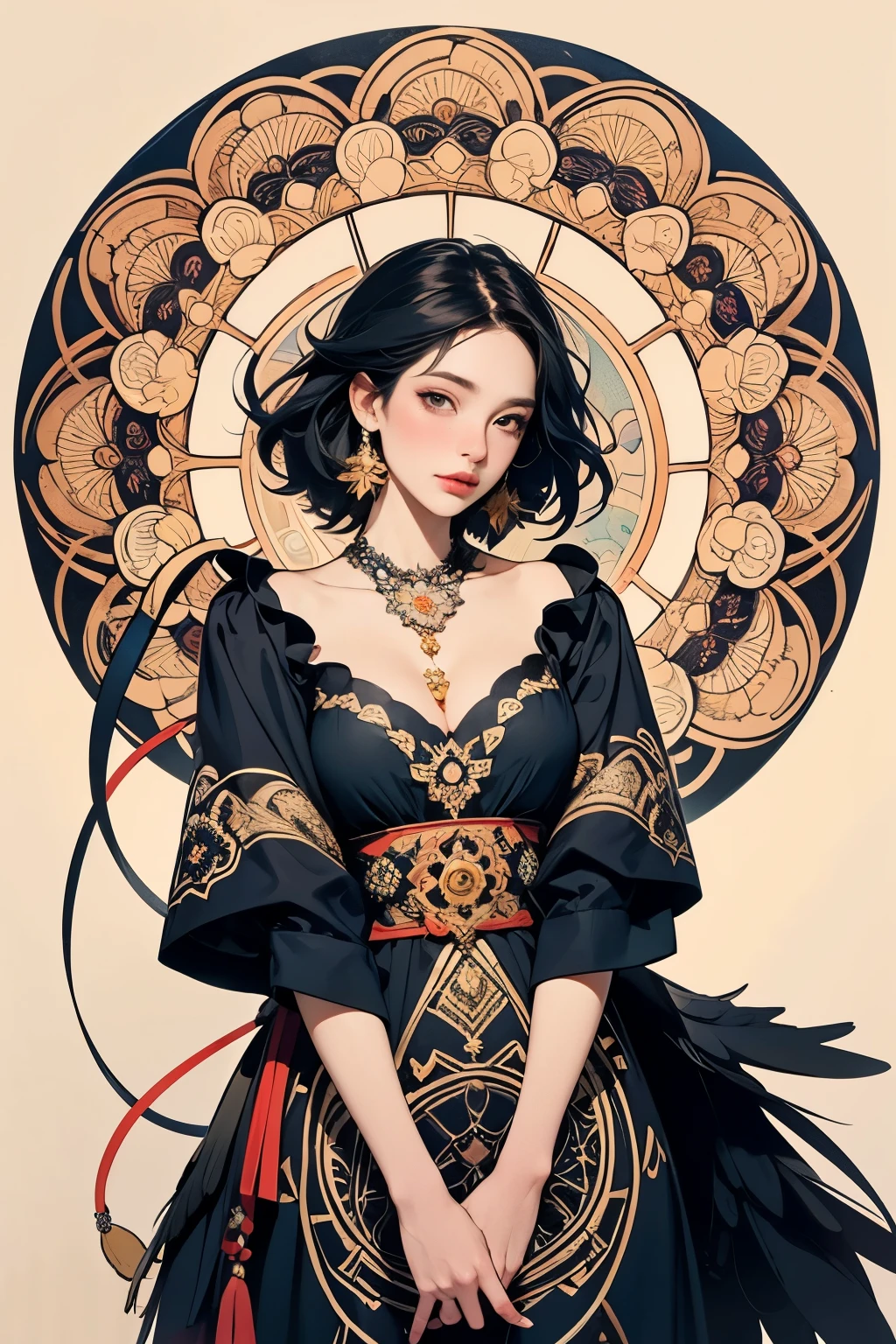 official art, unified 8k wallpaper, Super detailed, fair Beauty, fair, masterpiece, best quality, (Zentangle, mandala, Tangled, twist), (ecstasy flower: 1.2) Dynamic angle, Cowboy shooting, The Most fair Chaotic Forms, grace, brutalist design, bright colors, , atmosphere, Golden Crow, sun god, feather, fire,