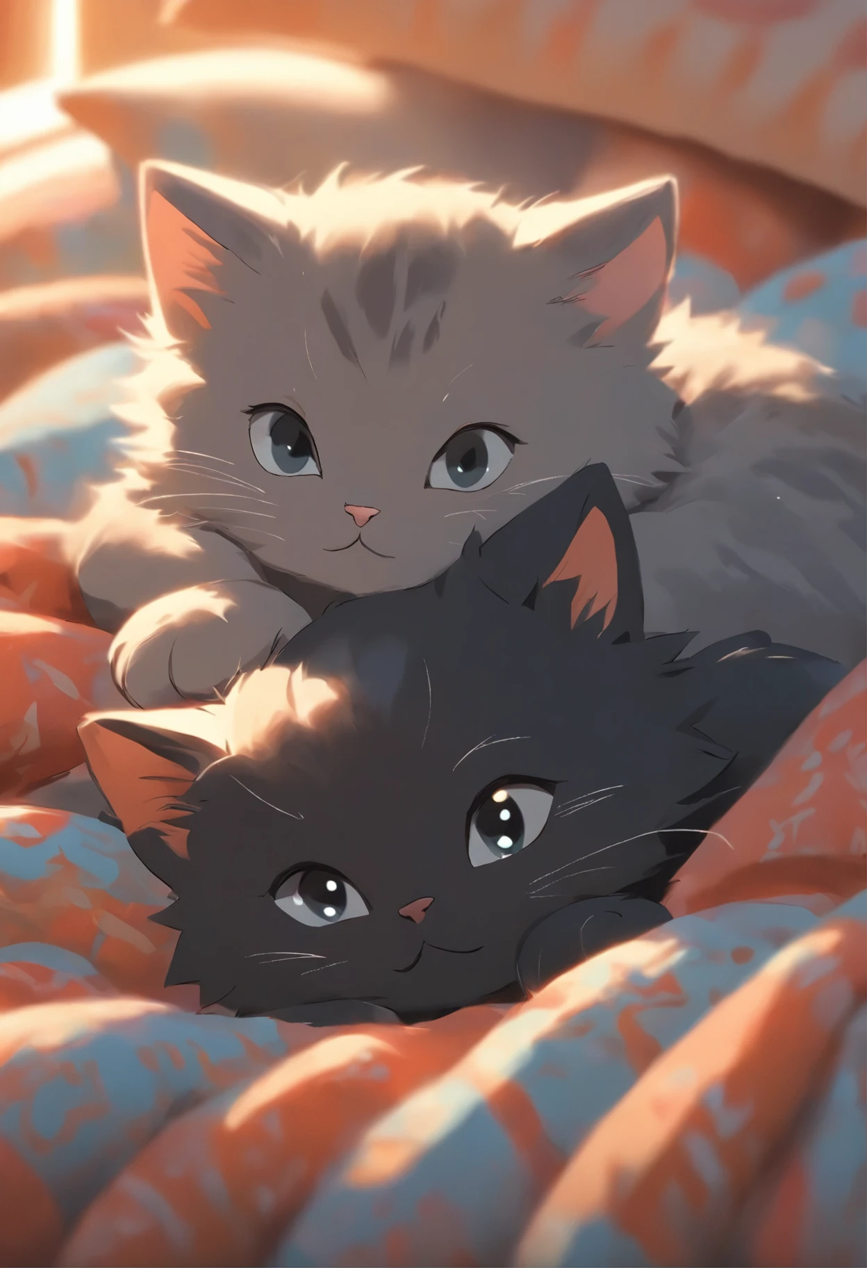 two cute vectors of a gray kitten and a black kitten curled together on a some bed pillows, anime style, M Jenni style, digital illustration, approaching perfection, highly detailed, smooth, sharp focus, illustration, 4k resolution