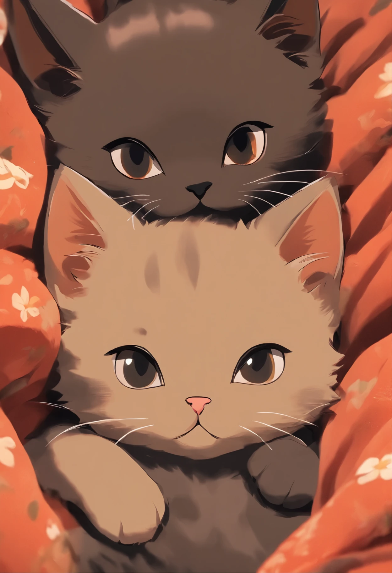 two cute vectors of a gray kitten and a black kitten curled together on a some bed pillows, anime style, M Jenni style, digital illustration, approaching perfection, highly detailed, smooth, sharp focus, illustration, 4k resolution