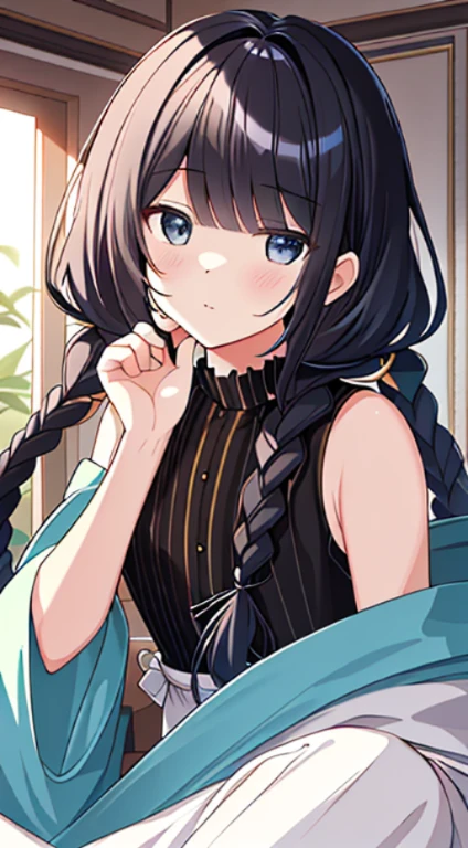 (really ridiculous solution: 1.5), top quality, masterpiece, ultra high definition, 8 thousand, early summer, (wide pants, Sleeveless with black stripes), cartoon style symbol , one, Soft Line Art, Digital Enhancement, Shojo Manga Touch, Shojo Manga Core, flowing fabrics, enlargement, ( shoulder length hair length and short braids)), soft drawing, fluffy, soft, beautiful black hair, clear eyes, (((soft 미소)), Highly detailed digital animation art, clear facial description, Highly detailed fish tank cartoon character art, distinct facial features, Highly detailed cartoon style, top quality의 색상, hand gestures, view angle of foot, nature, zbe confined: 1.3, be confined、beautiful and aesthetic:1.3、high quality:1.3