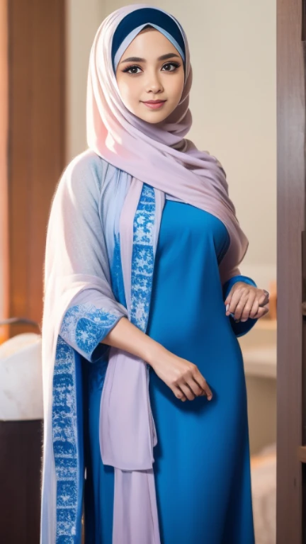 beautiful girl, wearing traditional baju kurung, ultra-detailed, detailed faces, detailed skins, 8k masterpieces, cinematic lighting, ((1girl)), ((solo)), firm push-up breasts, modest breasts, slim and slender body, long hijab, eid mubarak, in malay village house, half body, at the door