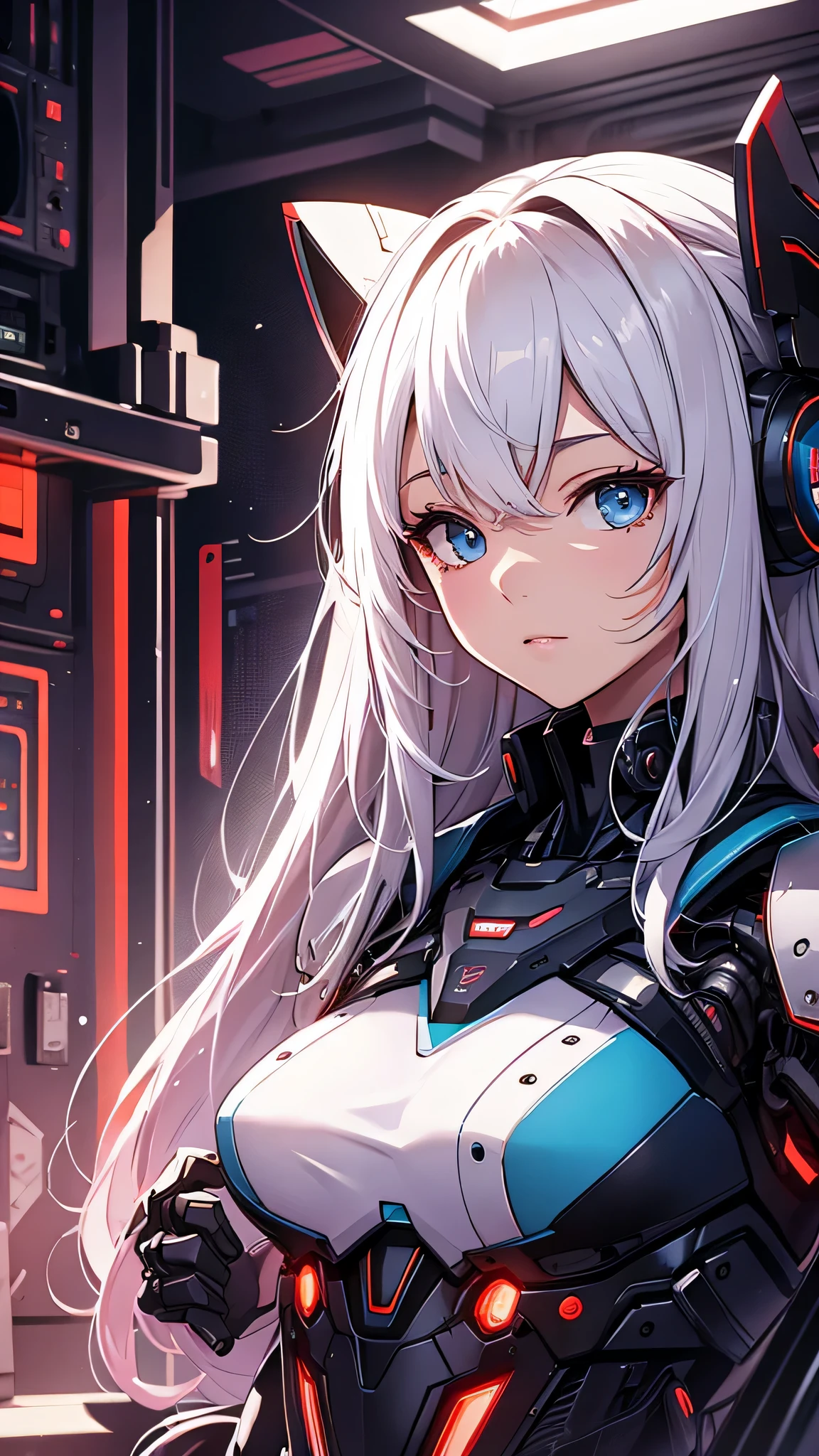 最high quality、best image quality、masterpiece、android girl((18-year-old、 By becoming、vest bust、medium bust,wide open breast tea、shining eyes, water hair、messy hair、long hair、thin,highest valley、white robot body、shining blue body、Close ~ eyes、All connected to cables、Show the whole body、robot arm、robot feet)),high quality、beautiful art、background((dark bio facility、dark room、high performance chair、Infrared Sensor、red lighting))、Flight、debris flies、Depth of written boundary、movie、visual art、perfect art、8K,genuine、