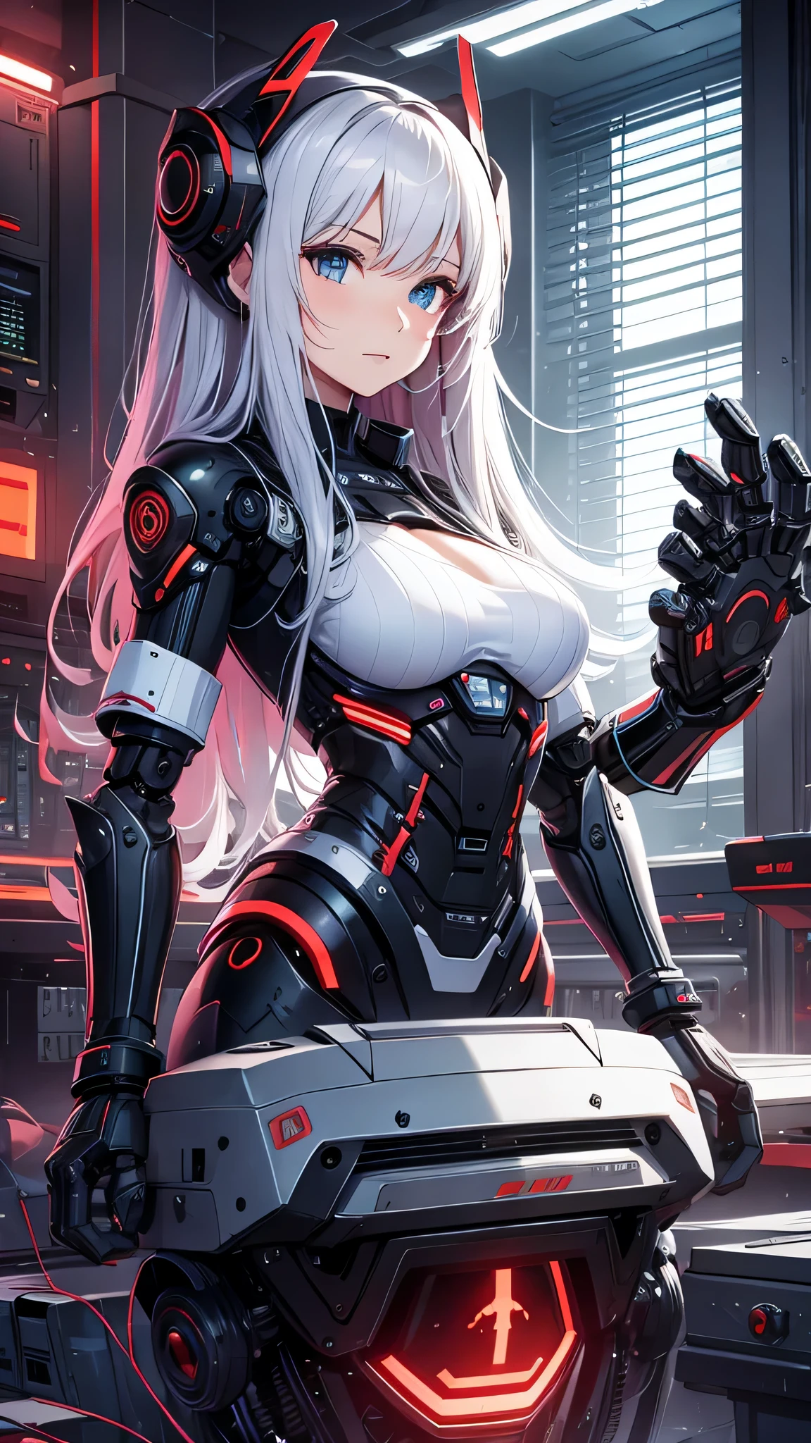 (8K, best quality, illustration, ultra detailed, high-resolution:1.3), (masterpiece: 1.25), ((1 girl)), full body, (large breast), silver hair, red eyes, ponytail, exposed cleavage, showing stomach, (sexy black/white cybernetic lingerie exosuit:1.4), clear facial features,