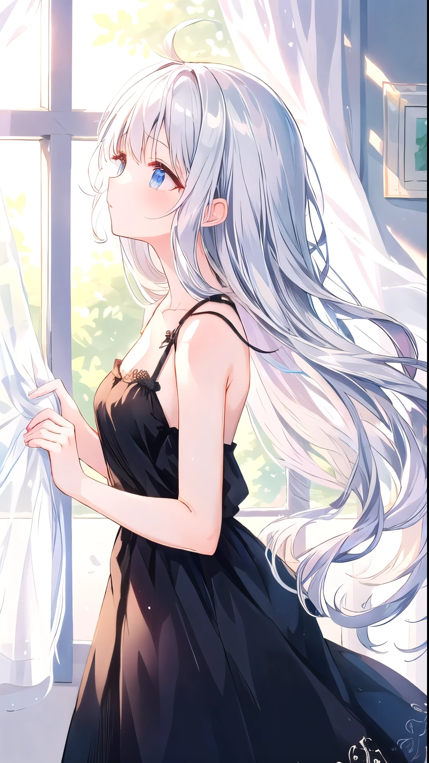 pretty girl, black dress, open shoulders, lace skirt, silver hair, From the side, long hair, look up, messy hair, window, curtain, sunlight, shiny hair,