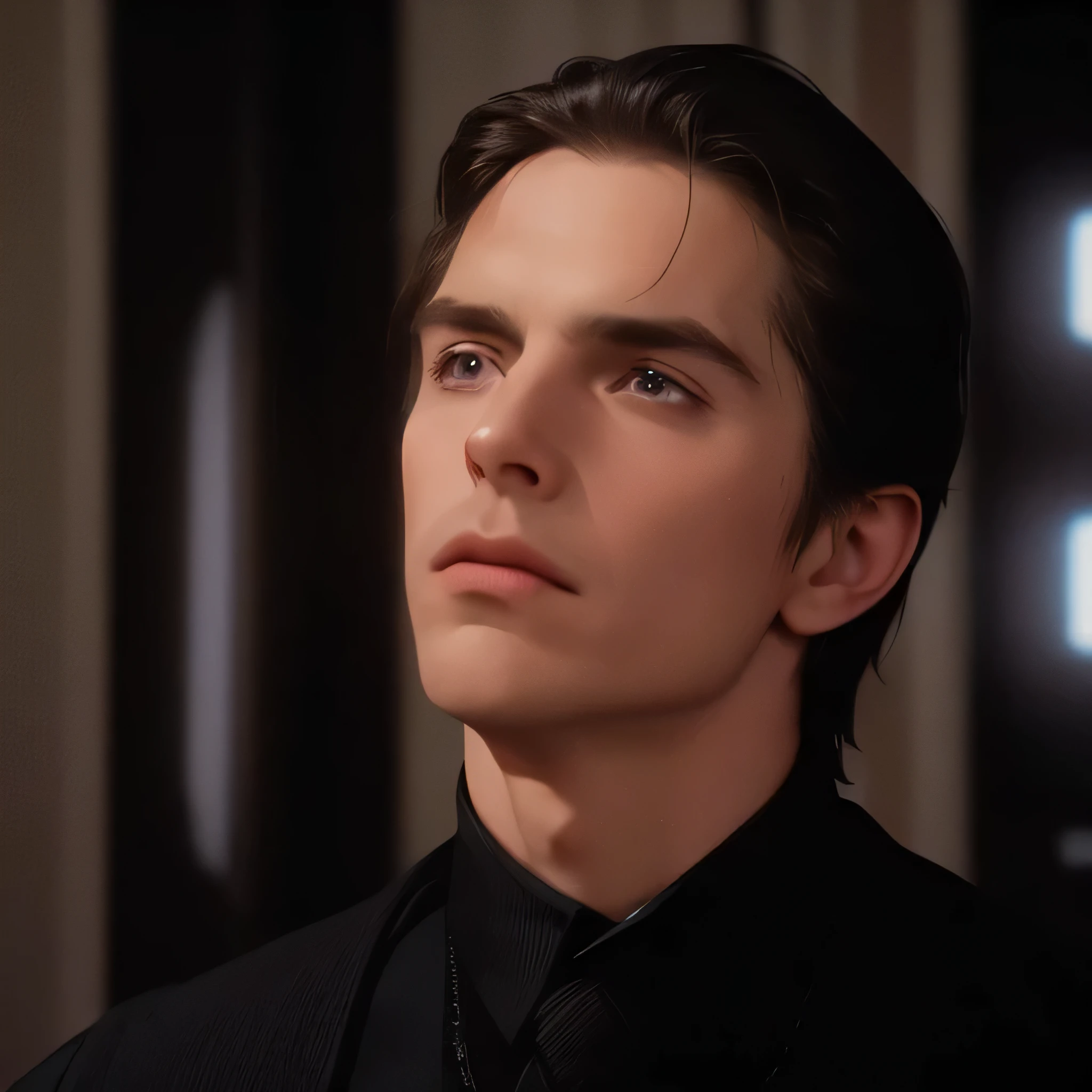 Hombre arafed con camisa negra de cuello alto y corbata mirando hacia arriba, in the movie dune, Patricio Bateman), in american psychopath, Christian Bale, in american psychopath (1999), in american psychopath ( 1 9 9 9 ), vistiendo uniforme sith negro, Patricio Bateman, In the movie 2 0 2 1 dune, paul atreides como emperador de dune