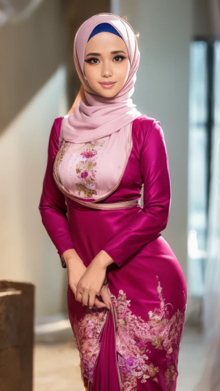 beautiful girl, wearing traditional baju kurung, ultra-detailed, detailed faces, detailed skins, 8k masterpieces, cinematic lighting, ((1girl)), ((solo)), firm push-up , modest breastsand slender body, long hijab, eid mubarak, in malay village house, half body, at the door