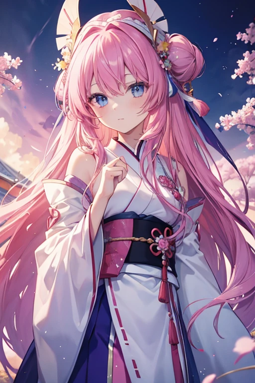 masterpiece, best quality,lacus-bk, 1 woman, alone, long hair, pink hair, very long hair, blue eyes, headdress, japanese clothes, separated sleeves