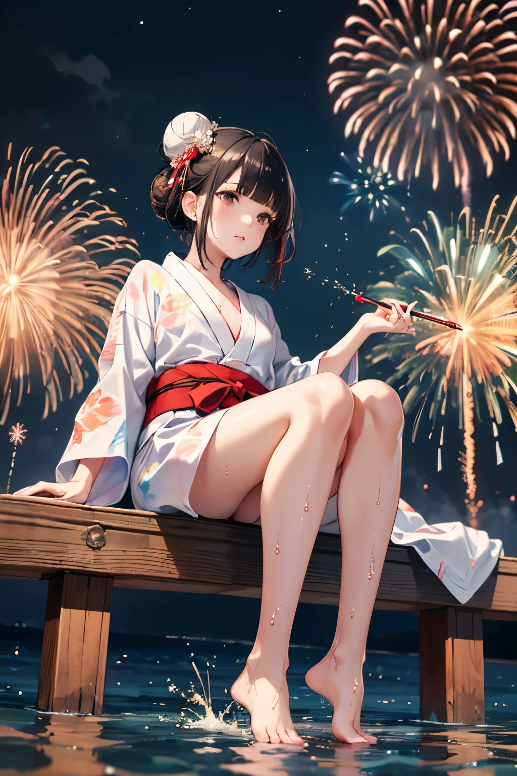 A short white yukata with a red obi, black hair in a bun and a red ribbon, a fireworks display in the background, a masterpiece, a quiet seaside, mid-chest, bare feet, getting wet with water, wriggling, from below.