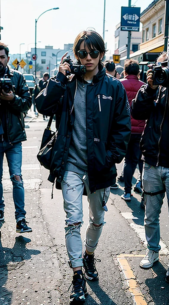 a powerful hyper realistic director with his camera in his hand on a film set that the photo is either not like a 3d or 2d photo gives me a photo that is so realistic you look like a real camerawoman