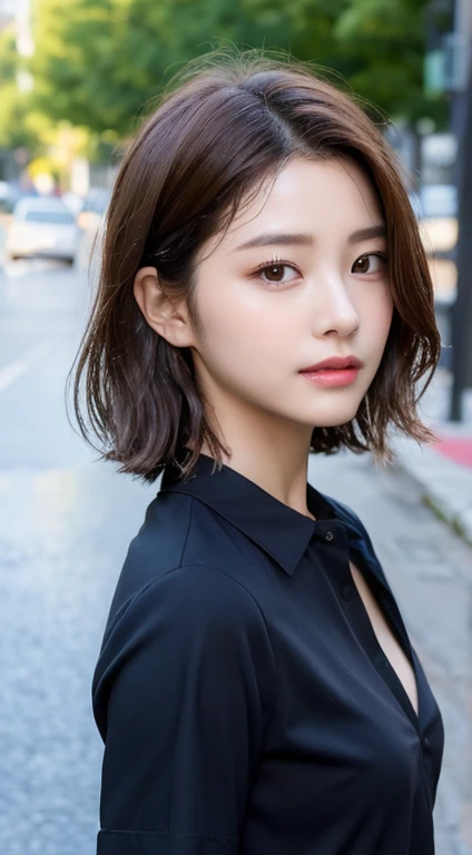((Best Quality, 8K, Masterpiece: 1.3)), Sharp: 1.2, Perfect Body Beauty: 1.4, Slim Abs: 1.2, ((Layered Hairstyle, small breasts: 1.2)), (Wet Black Button Long Shirt: 1.1), (Rain, Street: 1.2), Wet: 1.5, Highly detailed face and skin texture, detailed eyes, double eyelids, side face looking at the camera, tzuyu.