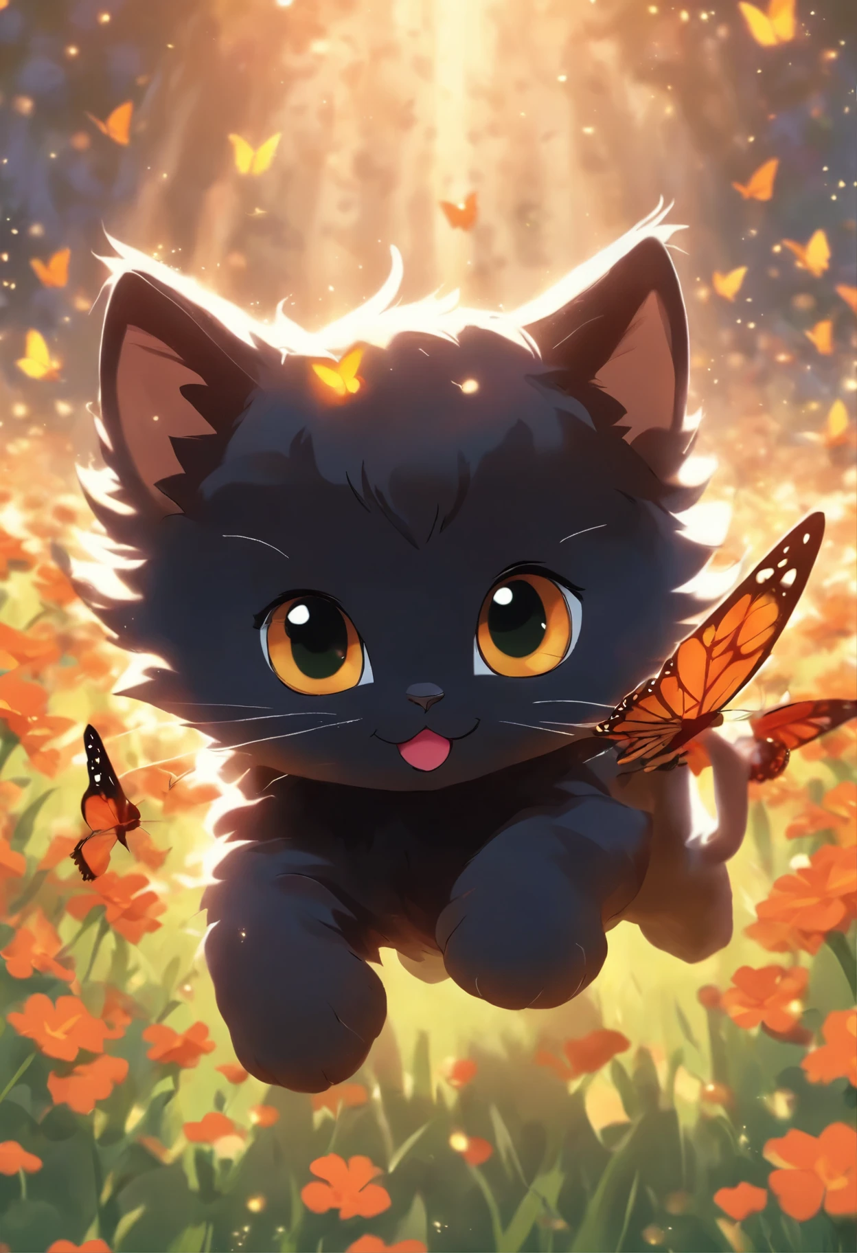 a cute vector of a black kitten chasing a monarch butterfly through a flowery field, anime style, M Jenni style, digital illustration, approaching perfection, highly detailed, smooth, sharp focus, illustration, 4k resolution