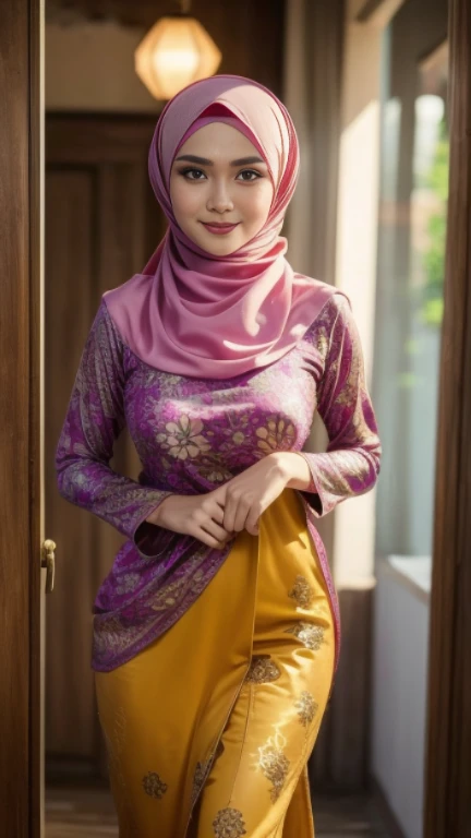 beautiful girl, wearing traditional baju kurung, ultra-detailed, detailed faces, detailed skins, 8k masterpieces, cinematic lighting, ((1girl)), ((solo)), firm push-up breasts, modest breasts, slim and slender body, long hijab, eid mubarak, in malay village house, half body, at the door