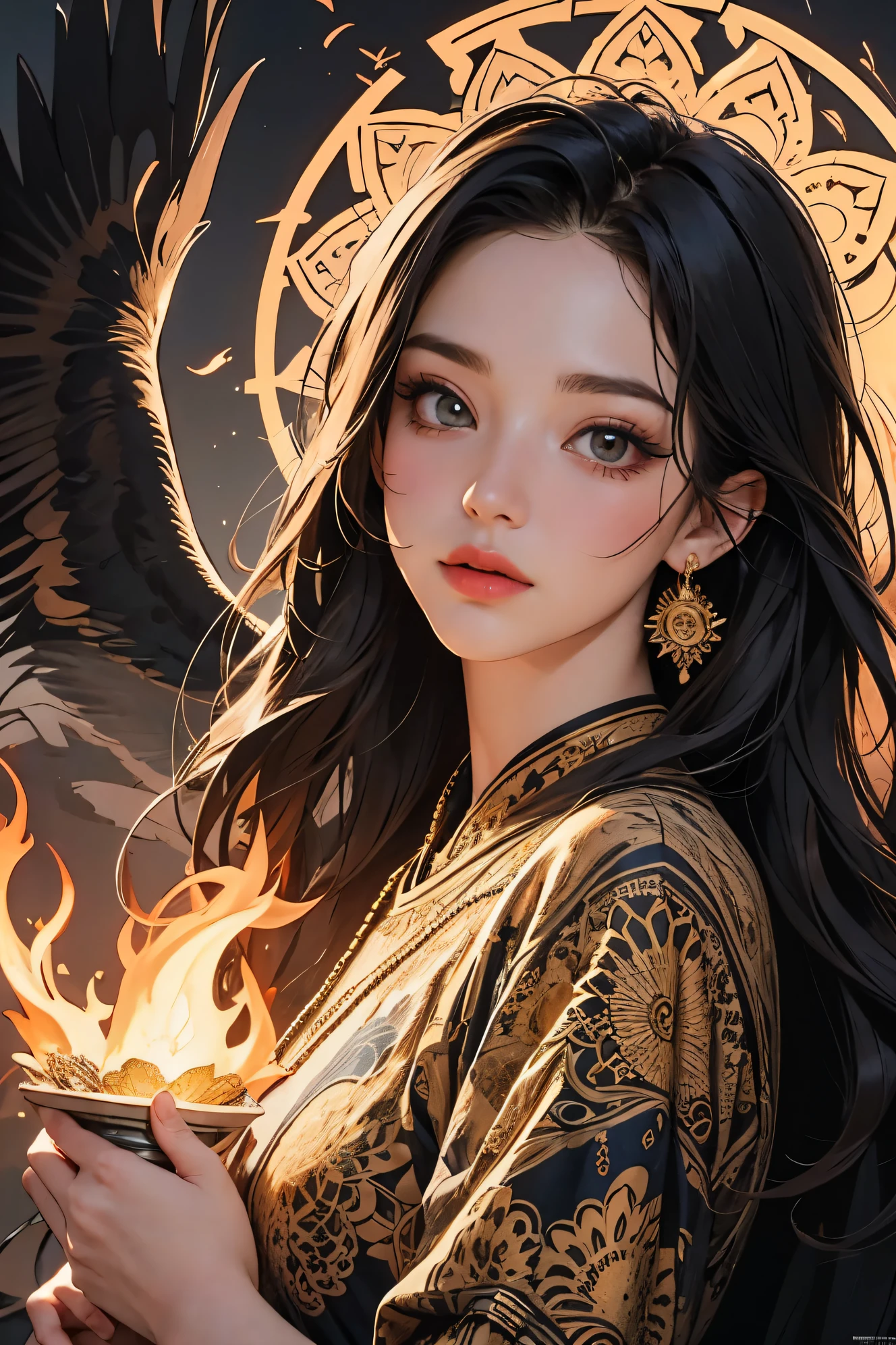 official art, unified 8k wallpaper, Super detailed, fair Beauty, fair, masterpiece, best quality, (Zentangle, mandala, Tangled, twist), (ecstasy flower: 1.2) Dynamic angle, Cowboy shooting, The Most fair Chaotic Forms, grace, brutalist design, bright colors, , atmosphere, Golden Crow, sun god, feather, fire,