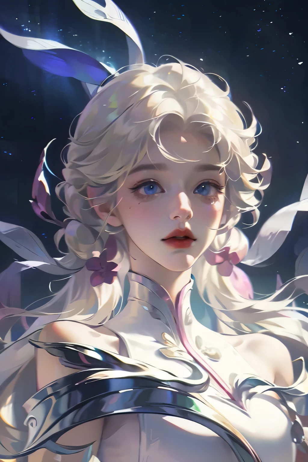 Unbeatable beauty, Skin is firm and shiny, bangs between eyes, Shiny straight beautiful platinum blonde, Silky extra long straight hair, Eyeliner, Sexy beautiful innocent 14 year old, HD big big beautiful bright blue eyes, beautiful cute girl, baby face, short sleeve
