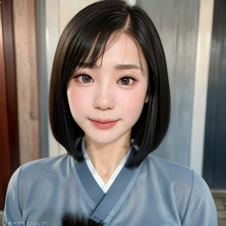 (kawaii 24 year-old Japanese girl, Nogizaka idol, Korean idol), (glossy black hair, medium bob cut:1.3), (extra rounded face, forehead, single eyelid, no makeup, soft smiling:1.2), (well shaped whitened teeth:0.7), (wearing light blue Hanbok, Korean traditional cloth:1.3), well shaped extra small breasts, (looking at viewer:1.2), BREAK, (simple outdoor background:1.3), (portrait, id photo, close shot, view from straight forward:1.3), BREAK, (masterpiece, best quality, photo realistic, official art:1.4), (UHD, 8K quality wallpaper, high resolution, raw photo, film grain:1.2), (shiny skin), professional lighting, physically based rendering, award winning, (perfect anatomy, highly detailed skin, extremely detailed face and eyes, well drawn glittering pupils), Carl Zeiss 85 mm F/1.4, depth of field, 1girl, solo,