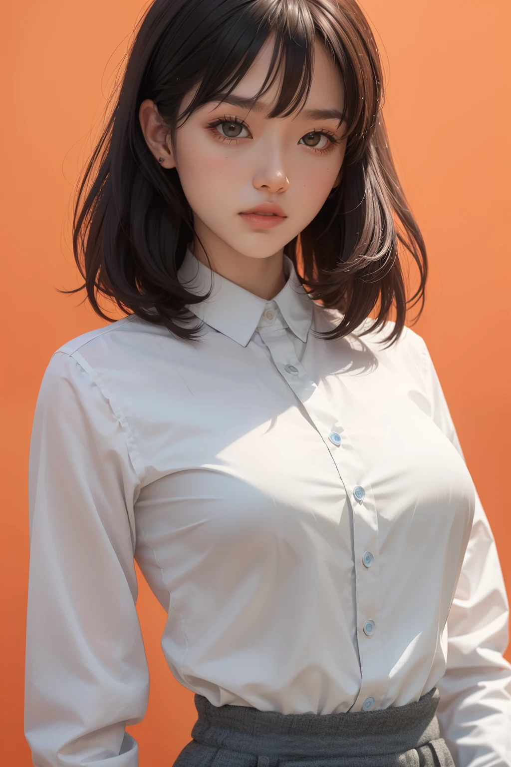 1girl,hair with bangs,blue suit, white shirt inside, orange background