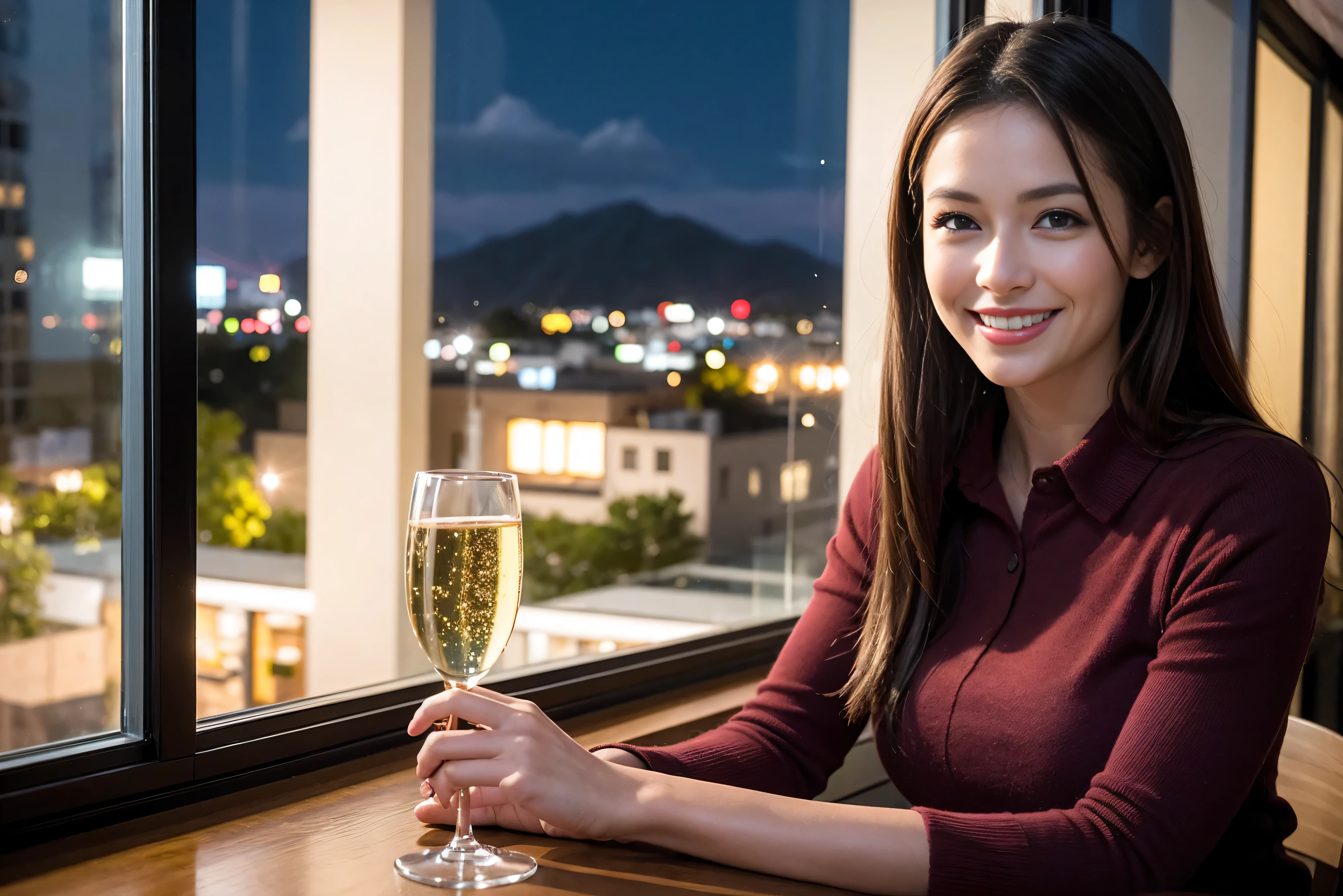 K, Hmm, highest quality, masterpiece: 1.2), (realistic, photorealistic: 1.37), Spectacular view of the sunset sky and clouds、Amazing mountain views、A bright smile、3 slim beauties, (slim face),Happy、 the best smile、Fox face、Berry Short、(because I'thin), (brown hair), (shortcut), long sleeve shirt、winter fashion、Colombian、Brazilian、Japanese、Dutch、German、Portuguese、Belgian、Italian、French,Champagne、sparkling wine、 (Squirting), (slim body), (brown hair), (shortcut), neat beauty、cheeks turn a little red, (42 years old), 38 years old, alone, A beautiful and detailed night view spreads out outside the window........, restaurant, wine glass is sitting, At night, in a prominent place (from the Upper body) nova frog style, actress, model, Upper body, White wine, slim, wine glass, Very beautiful night view, wine glass Put in the Middle, Happy smile, (smile: 1.15),