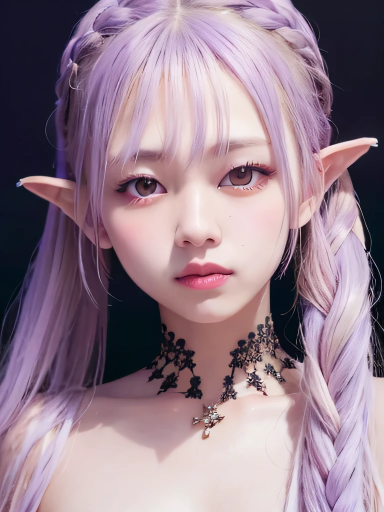 live-action、Realistic、A young girl standing in the grass、The age is6age、16K、naked、Small breasts、completely naked、twin tails、bright purple hair、blue eyes、Purple Hair、elf ears、clavicle、young girl、completely naked、naked、young girl、Braid、ponytail、nipple、ethnic tattoo on neck、upper body close-up、ethnic tattoo、tattoo、tattoo on neck、