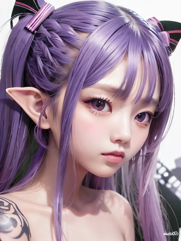 live-action、Realistic、A young girl standing in the grass、The age is6age、16K、naked、Small breasts、completely naked、twin tails、bright purple hair、blue eyes、Purple Hair、elf ears、clavicle、young girl、completely naked、naked、young girl、Braid、ponytail、nipple、ethnic tattoo on neck、upper body close-up、ethnic tattoo、tattoo、tattoo on neck、