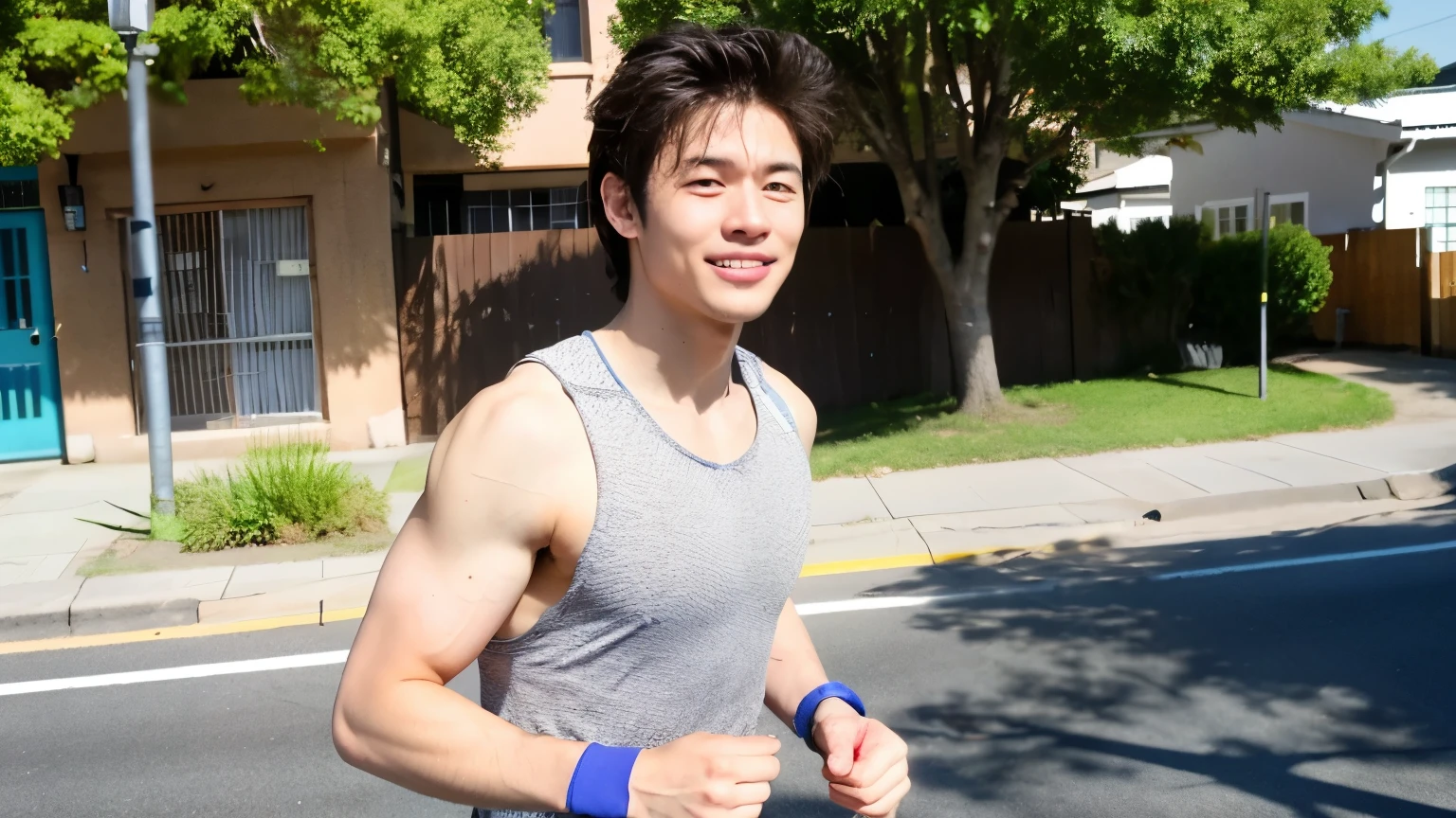 A refreshingly handsome man who looks like he is exercising, highest quality,Super high natural light, shiny skin,fine skin,detailed face,fine eyes, japanese men, after running,Eat a protein bar、爽やか Eat a protein bar、holding a protein bar in hand、Upper body on a sunny day after running、wearing training clothes、have a protein bar、I&#39;m about to eat a protein bar