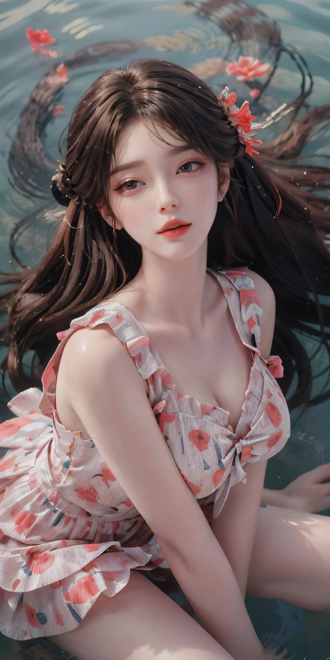 Sweet girl clothes6,print dress, (knee shot) best quality，masterpiece，ultra high resolution，Clear face,（Realism：1.4），RAW photos，cold light，woman wearing transparent dress underwater，wallpaper anime blue water，Gurwitz-style artwork，Close-up fantasy of water magic，author：Yang Jie，Gurwitz，A beautiful artistic illustration，Water Nymphs，Beautiful digital artwork，Beautiful digital illustration，Li Song，A beautiful anime portrait，Bovo&#39;s art style