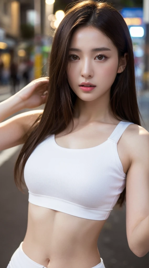 ((Realistic lighting, Best quality, 8K, Masterpiece: 1.3)), Clear focus: 1.2, 1girl, Perfect Figure: 1.4, Slim Abs: 1.1, ((Dark brown hair)), (White crop top: 1.4), (Outdoor, Night: 1.1), City streets, Super fine face, Fine eyes, Double eyelids, Mina