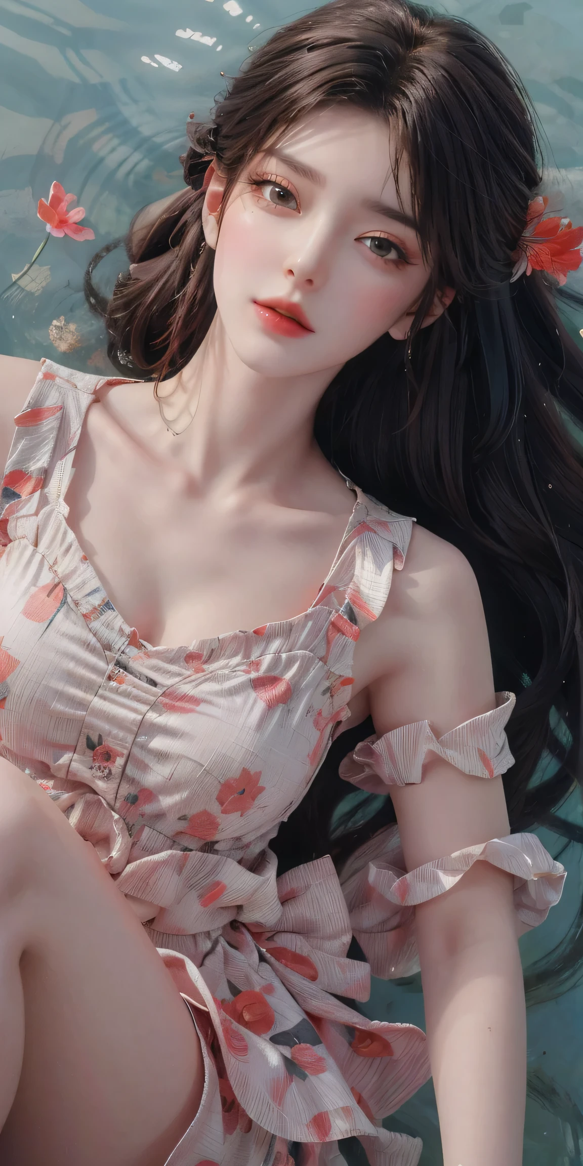 Sweet girl clothes6,print dress, (knee shot) best quality，masterpiece，ultra high resolution，Clear face,（Realism：1.4），RAW photos，cold light，woman wearing transparent dress underwater，wallpaper anime blue water，Gurwitz-style artwork，Close-up fantasy of water magic，author：Yang Jie，Gurwitz，A beautiful artistic illustration，Water Nymphs，Beautiful digital artwork，Beautiful digital illustration，Li Song，A beautiful anime portrait，Bovo&#39;s art style