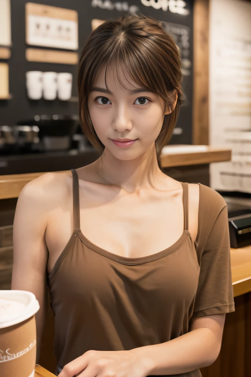 masterpiece, highest quality, Photoreal, Super detailed, finely, High resolution, 8k wallpaper, Professional, Advanced level of detail, ((A female college student working at a coffee shop:1.2)), slender Japanese woman,, detailed clavicle, Big breasts、perfect face, (Front facing:1.2)、medium long hair, chestnut hair、(Professional outfit in a T-shirt:1.5)、cute face、(Looking straight ahead in a professional outfit:1.5)、(brown skin:1.5)、full body shot
