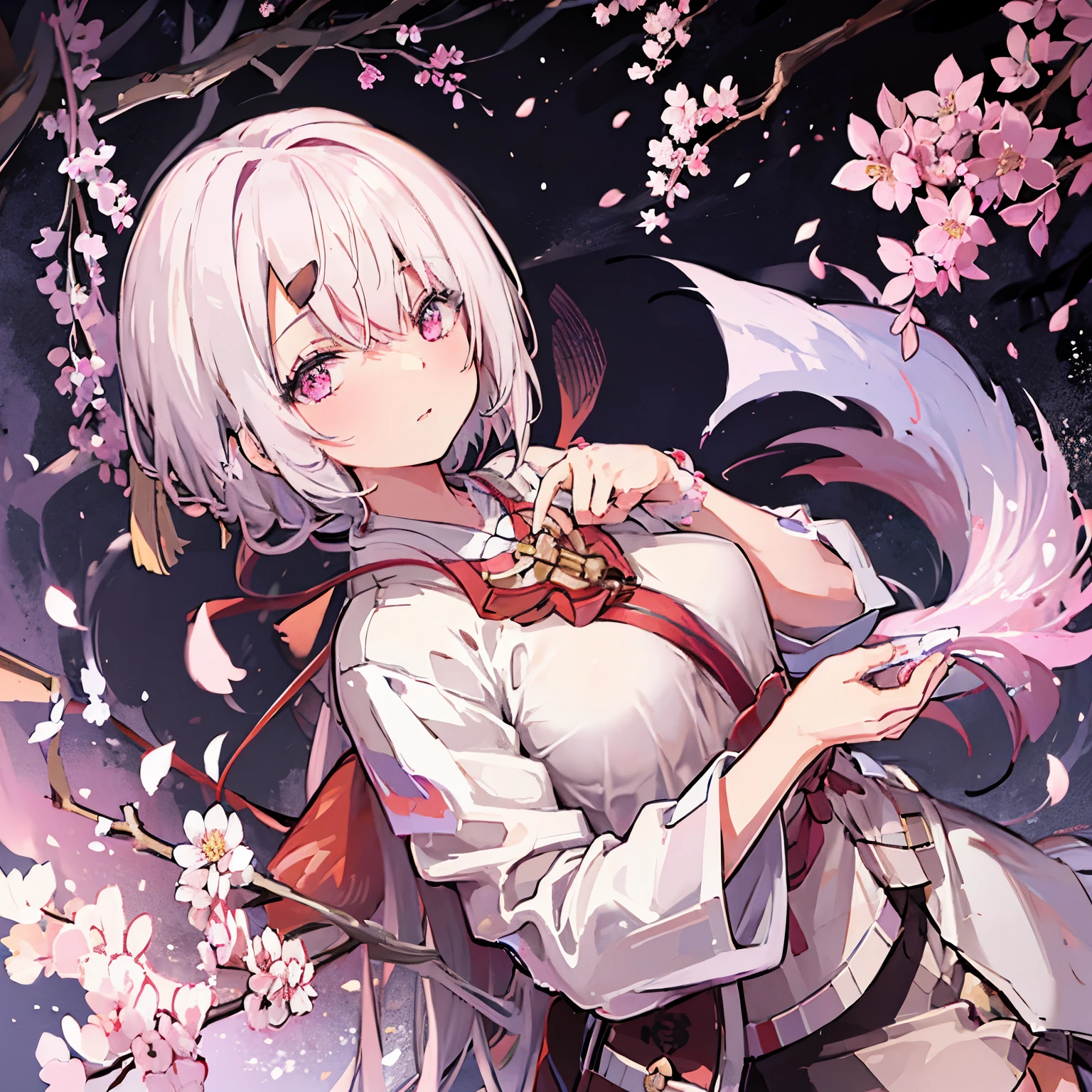 siina yuika,Beautiful night view background with cherry blossoms in bloom,Nipples visible through messy kimono,,support your chest with your hands,cool