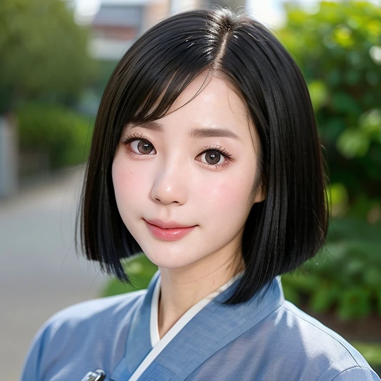 (kawaii 24 year-old Japanese girl, Nogizaka idol, Korean idol), (glossy black hair, medium bob cut:1.3), (extra rounded face, forehead, single eyelid, no makeup, soft smiling:1.2), (well shaped whitened teeth:0.7), (wearing light blue Hanbok, Korean traditional cloth:1.3), well shaped extra small breasts, (looking at viewer:1.2), BREAK, (simple outdoor background:1.3), (portrait, id photo, close shot, view from straight forward:1.3), BREAK, (masterpiece, best quality, photo realistic, official art:1.4), (UHD, 8K quality wallpaper, high resolution, raw photo, film grain:1.2), (shiny skin), professional lighting, physically based rendering, award winning, (perfect anatomy, highly detailed skin, extremely detailed face and eyes, well drawn glittering pupils), Carl Zeiss 85 mm F/1.4, depth of field, 1girl, solo,
