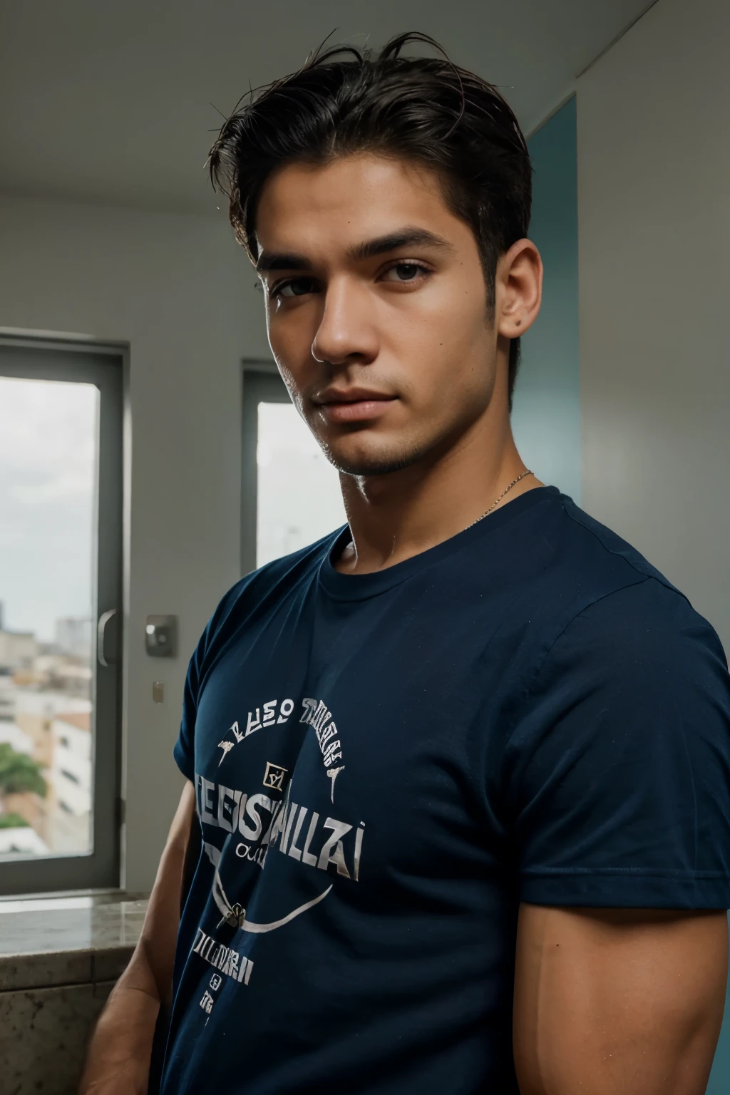 ronco de lado, olhando para o espectador,, , 1 garoto belo,, sozinho, garoto com a boca fechada,, garoto musculoso,, no espelho de um elevador,, cabelo ondulado e loiro,, pele branca,, um olho azul e o outro castanho,, boca rosa,, big and beautiful eyelashes,, camiseta branca,, boy with hand in pocket,
