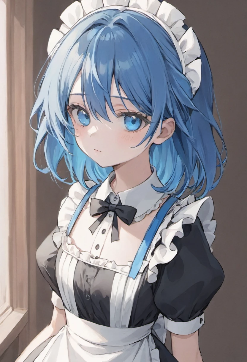 1 girl, blue hair, blue eyes, wearing a black and white maid outfit, cute, upper body